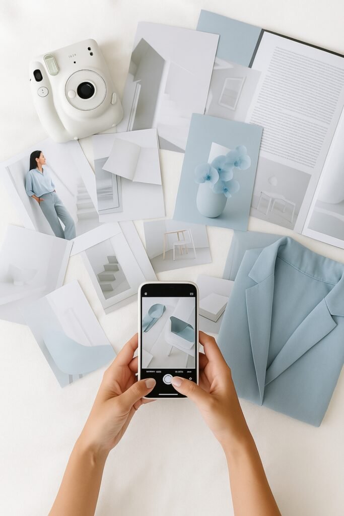 Flat lay of printed photos and a blue blazer, with hands holding a phone to photograph a moodboard