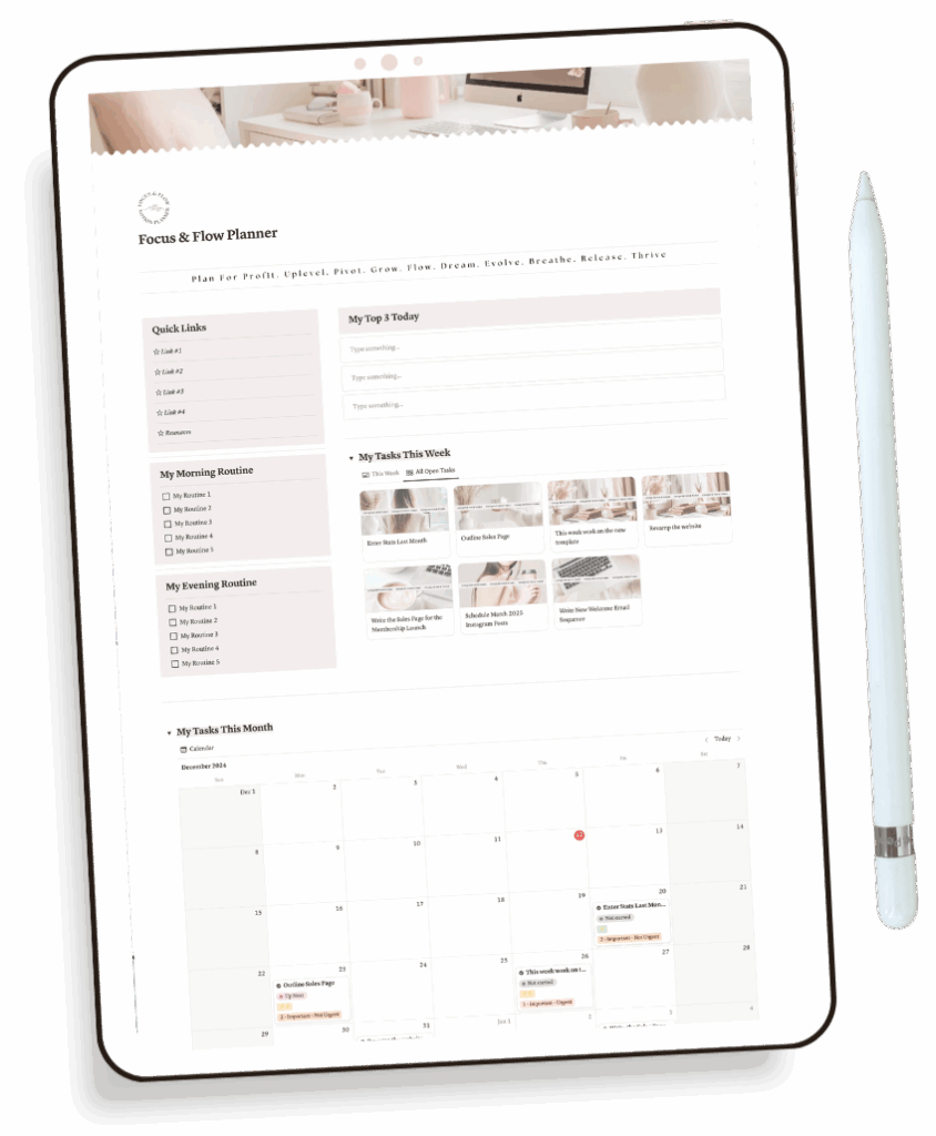 Cozy feminine workspace with a laptop open to a Notion dashboard, surrounded by soft light, coffee, and minimal desk accessories—representing calm, organized business systems.