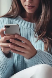 Woman in a pale blue knit jumper on a cream sofa, scrolling on her phone