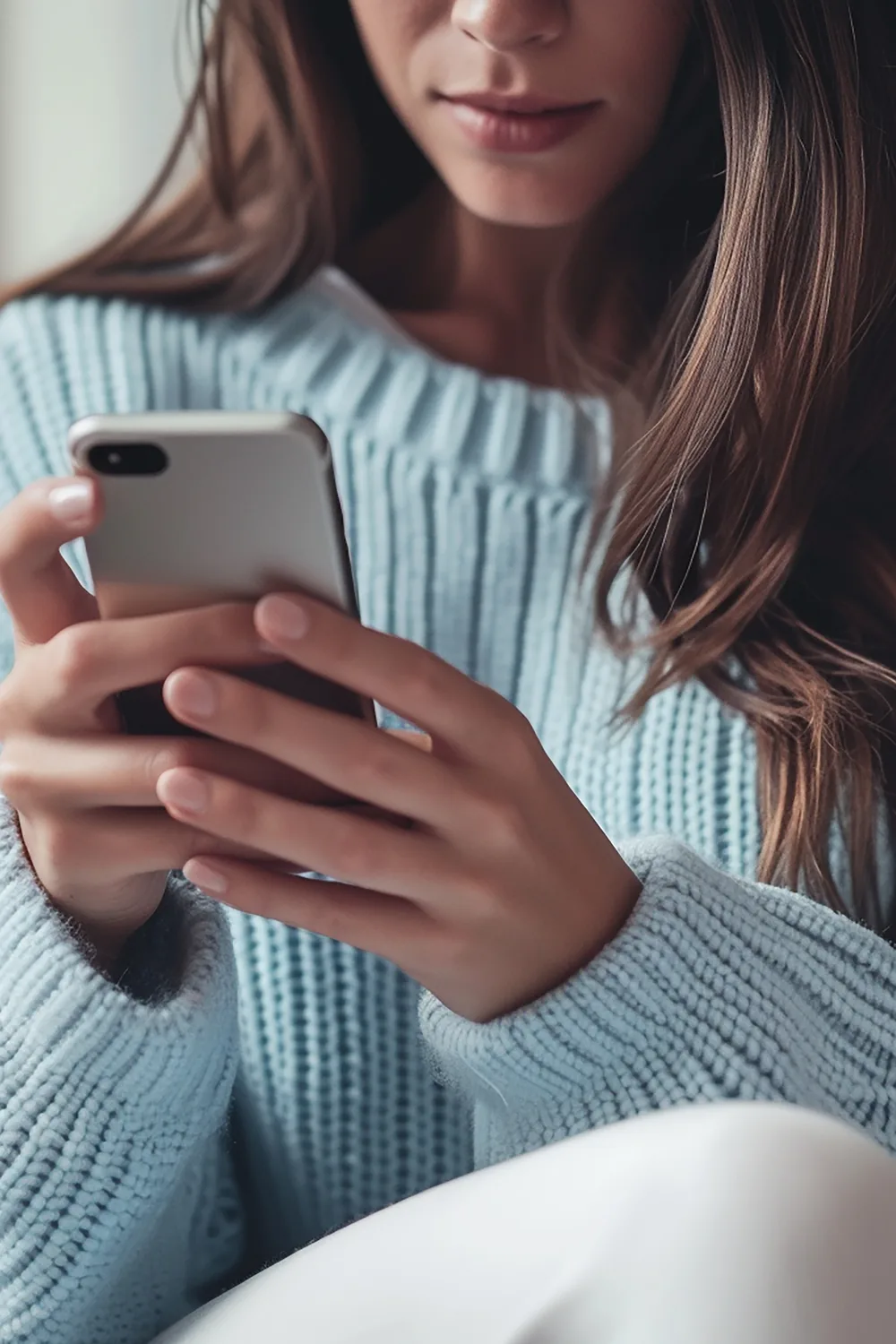 Woman in a pale blue knit jumper on a cream sofa, scrolling on her phone