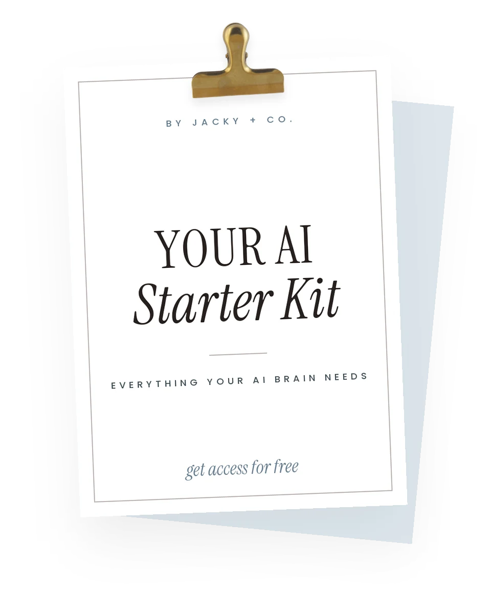 The AI Brain Starter Kit by Jacky + Co. as a white printed booklet held by a brass clip