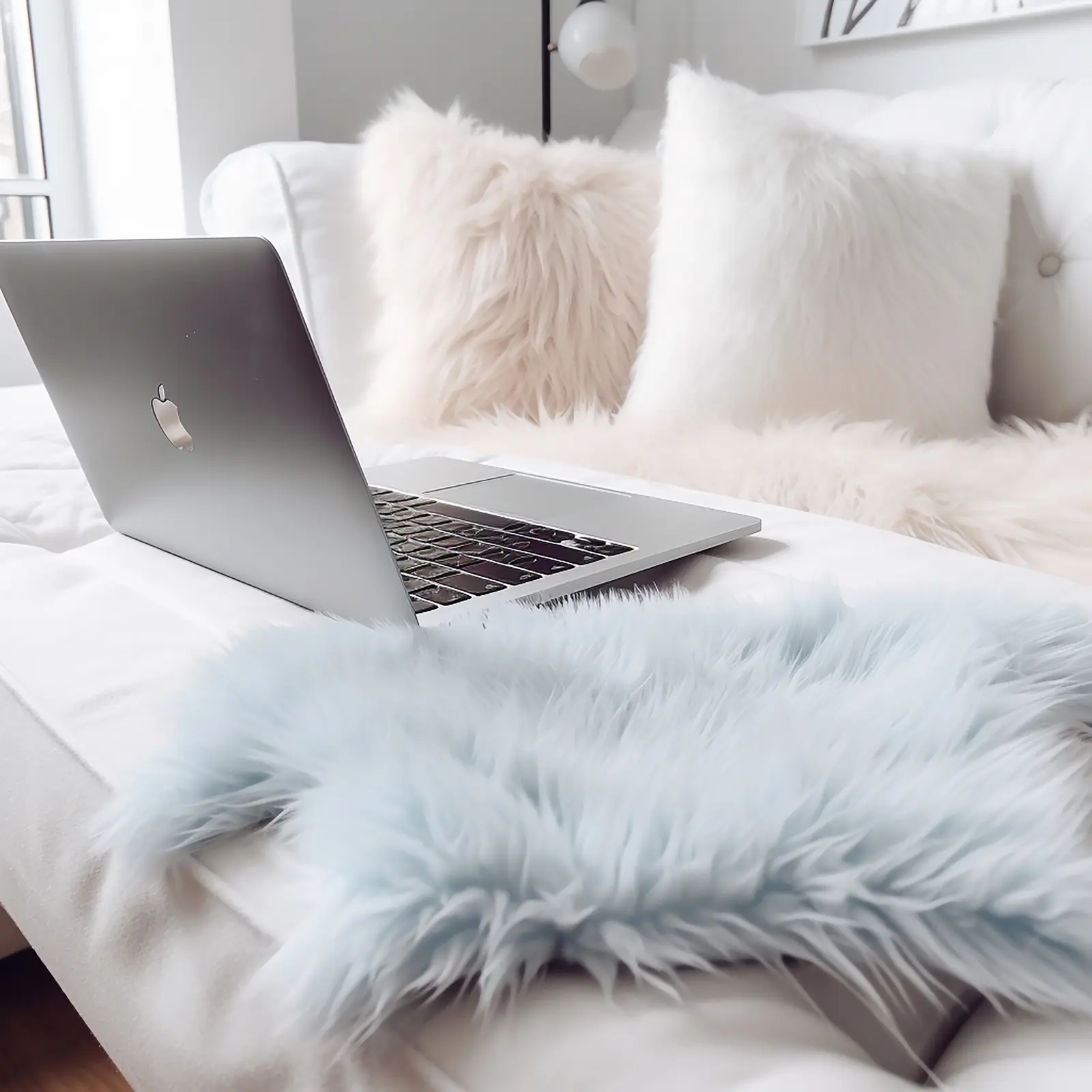 A laptop resting on a fluffy white throw with soft blue cushions
