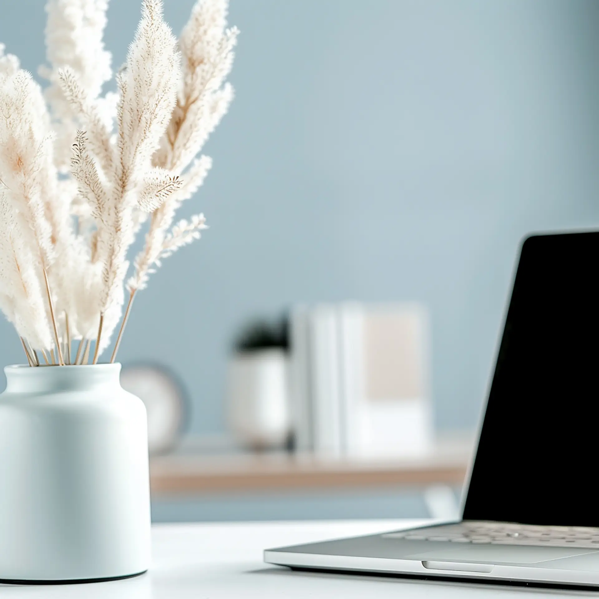 A vase of soft cream pampas grass on a white desk beside a laptop, against a pale blue wall