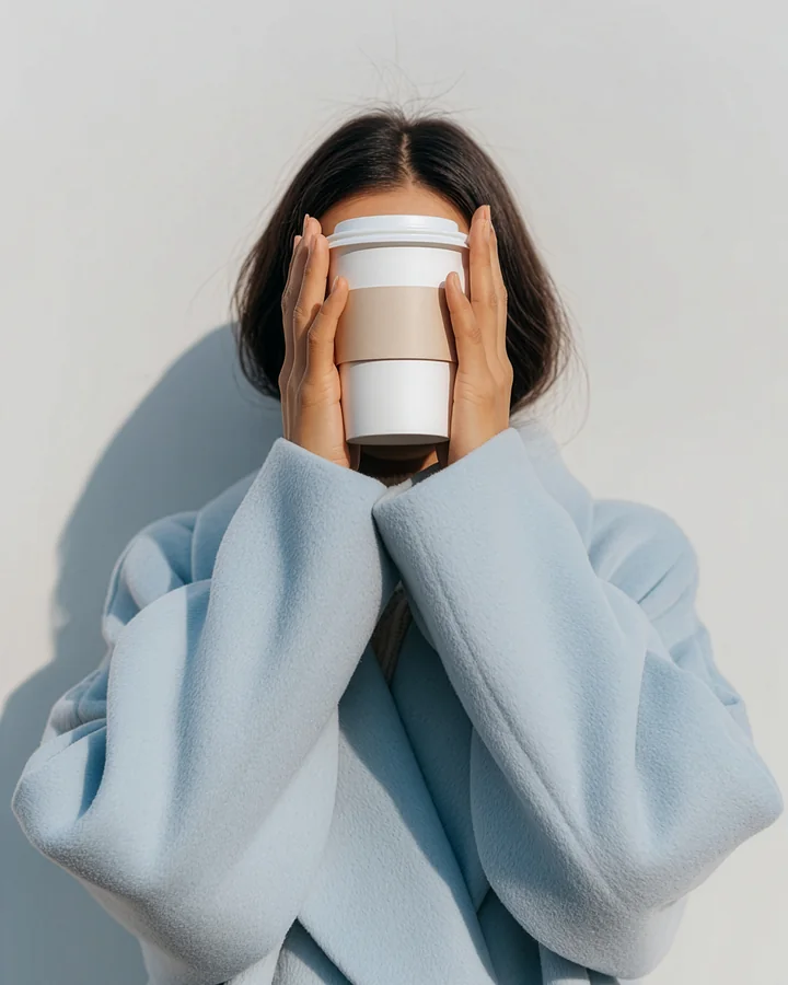 A woman in a pale blue coat holding a coffee cup in front of her face