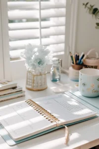 Sunlit desk by a window with an open planner, a blue floral mug and a vase of pale blue flowers