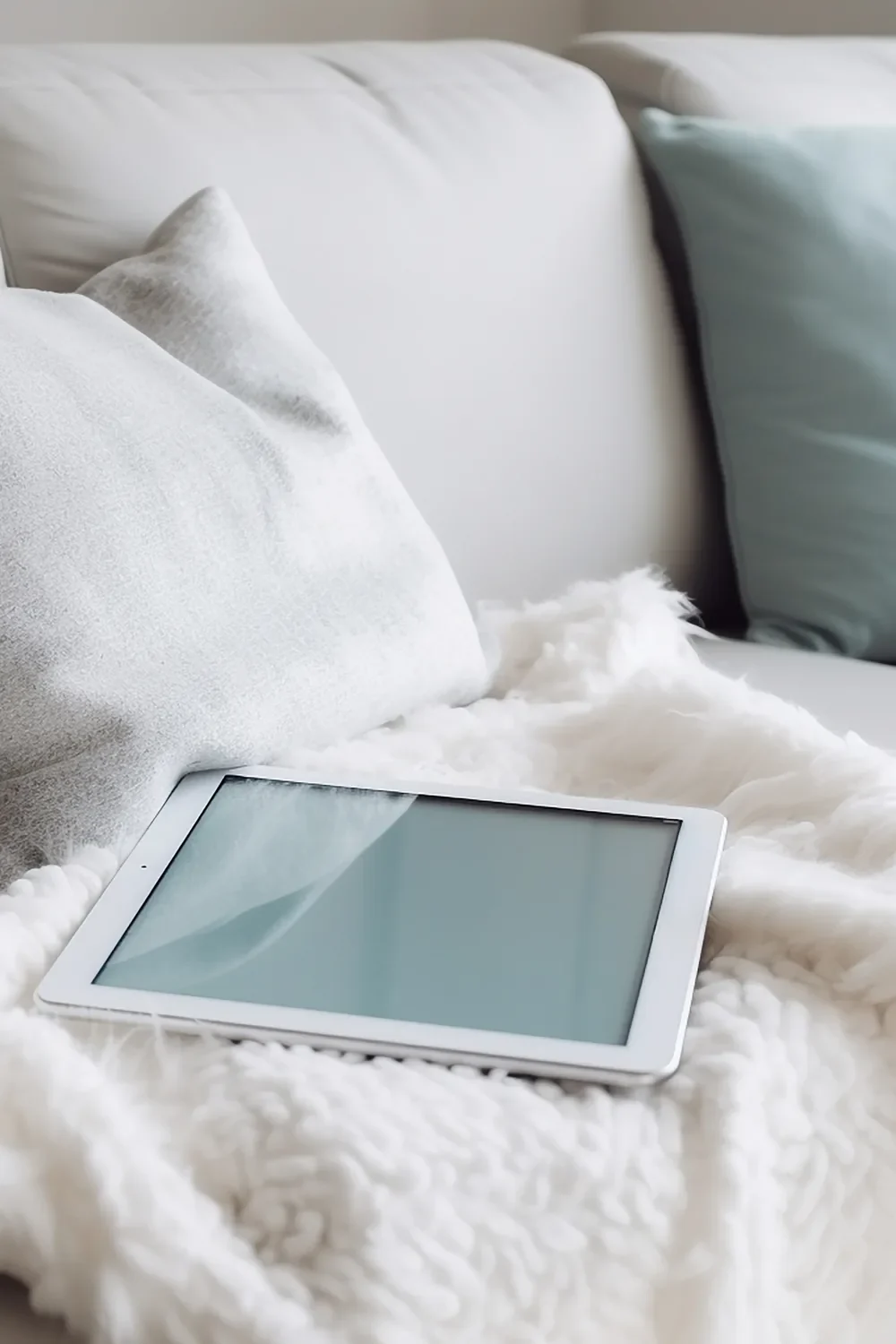 Tablet resting on a white fluffy throw on a cosy sofa